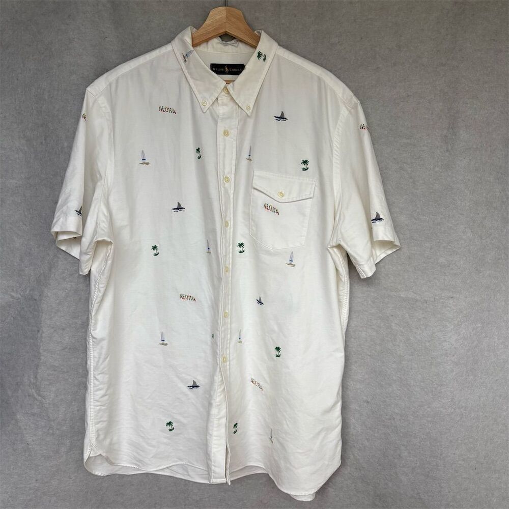 Ralph Lauren Men's 2XL Aloha Embroidered Button-Down Shirt White Hawaiian